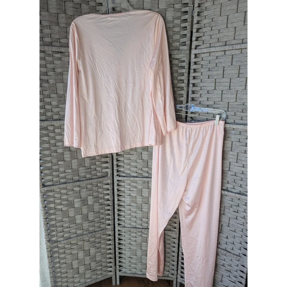 Vtg Vanity Fair Pajama 2‎ Pc Set Pink Lace Trim Antron III Nylon Silky Feel Lg